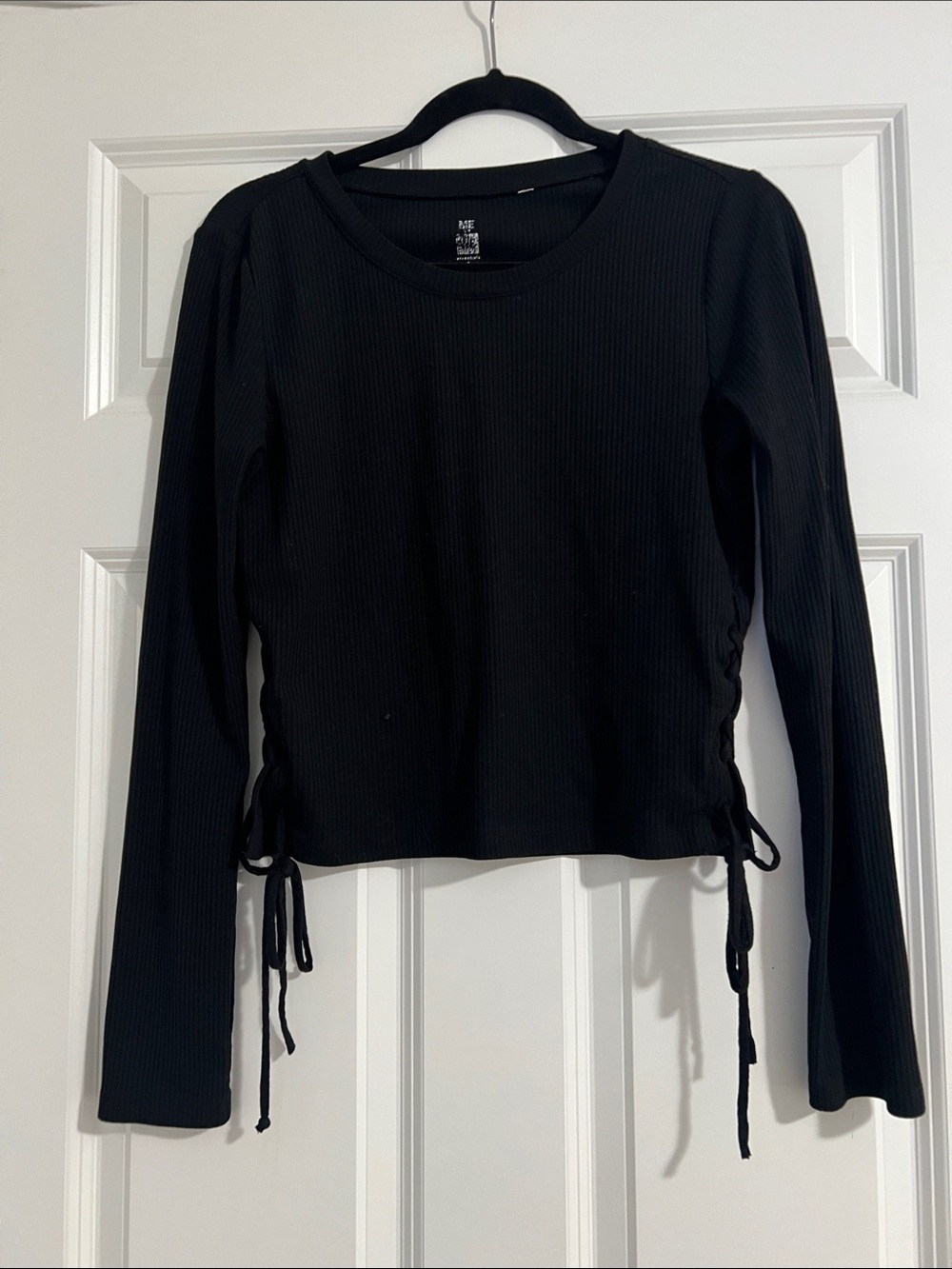 Black Ribbed Long-Sleeve Side-Tie Top